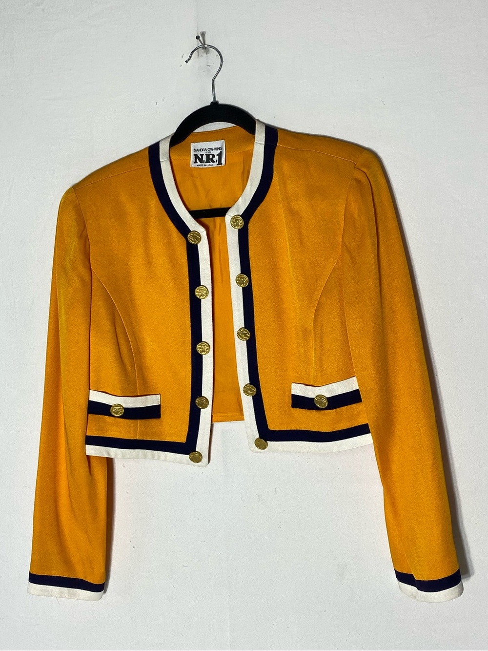 Vintage Sandra Ow-Wing for N.R.1 Cropped Open Blazer Jacket Yellow Navy White M